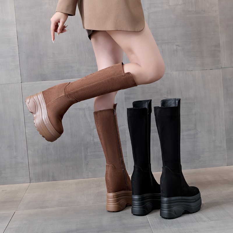 16CM内增高长靴女2025新款冬真皮150小个子不过膝高筒骑士靴显瘦