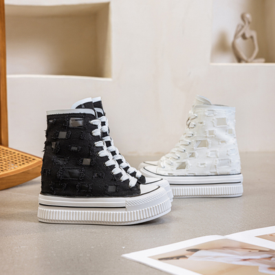 13CM隐形内增高女鞋春秋2025新款小个子厚底高帮帆布鞋百搭休闲鞋