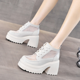 真皮10cm增高跟马丁靴女夏薄款透气网纱短靴厚底镂空凉靴2026新款