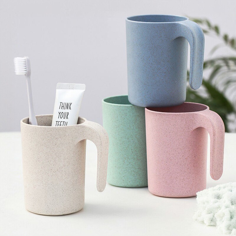 小麦秸秆带柄漱口杯家用洗漱杯子刷牙杯防摔塑料水杯大容量手柄杯