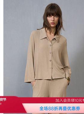 爱慕·CHUANG岛屿5睡衣女肌理双面布开襟小翻领短款上衣CA811482