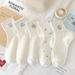 棉袜卡通动物透气 夏薄款 网面春夏白色可爱袜子女中筒袜26新款 爆款