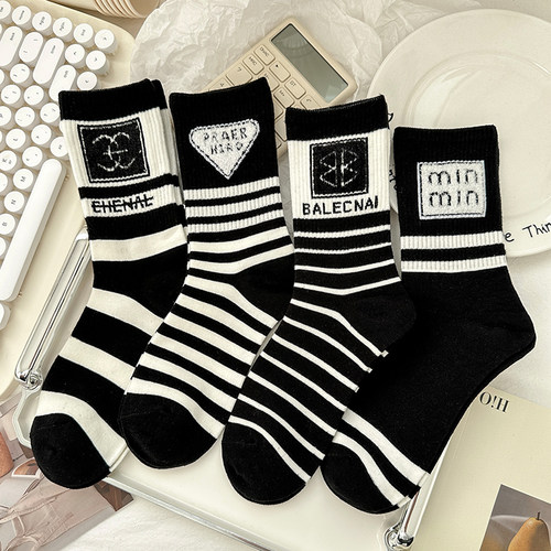 黑色条纹轻奢潮牌纯棉长袜女