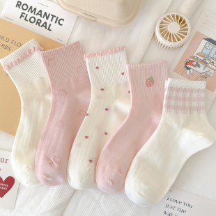 网面春夏粉色袜子女中筒袜可爱兔子草莓甜美精梳棉袜薄款 透气运动