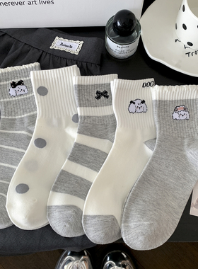 2025新款爆款灰色卡通狗袜子女春秋纯棉中筒袜韩版ins潮秋冬运动