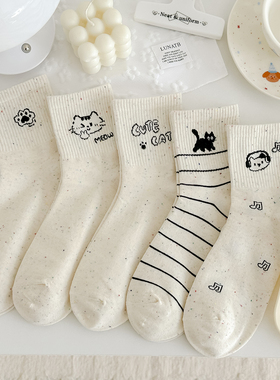 点子纱卡通黑色小猫袜子女春秋中筒袜精梳棉透气可爱日系甜美运动