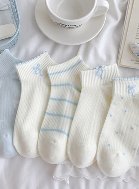 蓝色蝴蝶结袜子女夏季薄款船袜纯棉透气韩版网面空调短袜运动日系