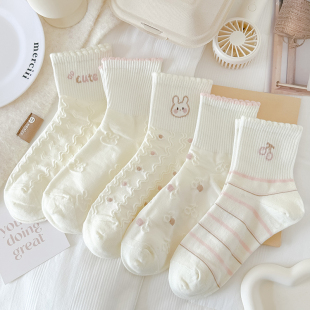 粉色春秋袜子女中筒袜棉袜可爱日系清新运动风花边秋季 奶白反织花