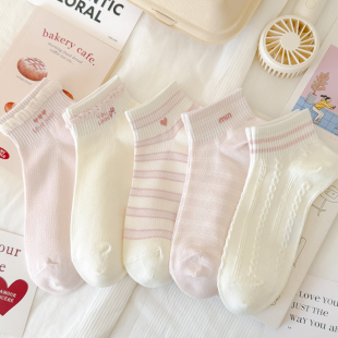 甜美可爱棉袜运动透气船袜浅口 袜子女短袜韩版 嫩粉白花边夏季 薄款