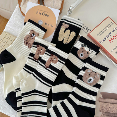 毛绒小熊条纹袜子女棉袜中长筒袜