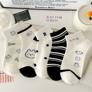 可爱小熊黑白袜子女短袜春夏精梳棉薄款 透气运动风不掉跟甜美船袜