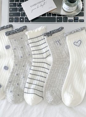 超薄灰色花边袜子女中筒袜夏季薄款纯棉镂空网眼透气泡泡口公主风