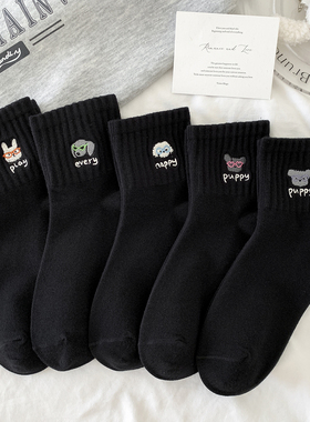 新款黑色刺绣春秋袜子女中筒袜精梳棉韩版透气运动风秋冬潮流百搭