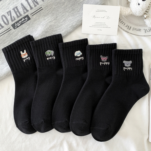 新款 透气运动风秋冬潮流百搭 黑色刺绣春秋袜子女中筒袜精梳棉韩版