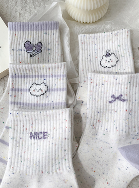 紫色系点纱袜子女春秋中筒袜精梳棉透气可爱日系卡通秋冬款运动风