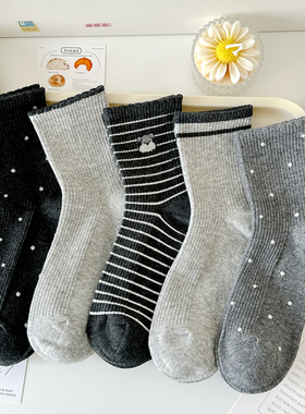 灰色雪纳瑞秋冬袜子女中筒袜双针精梳棉韩版波点条纹春秋运动新款