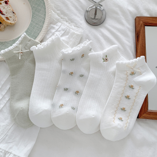 无骨网眼小清新绿袜子女饰品短袜夏季 透气棉袜碎花船袜木耳边 薄款