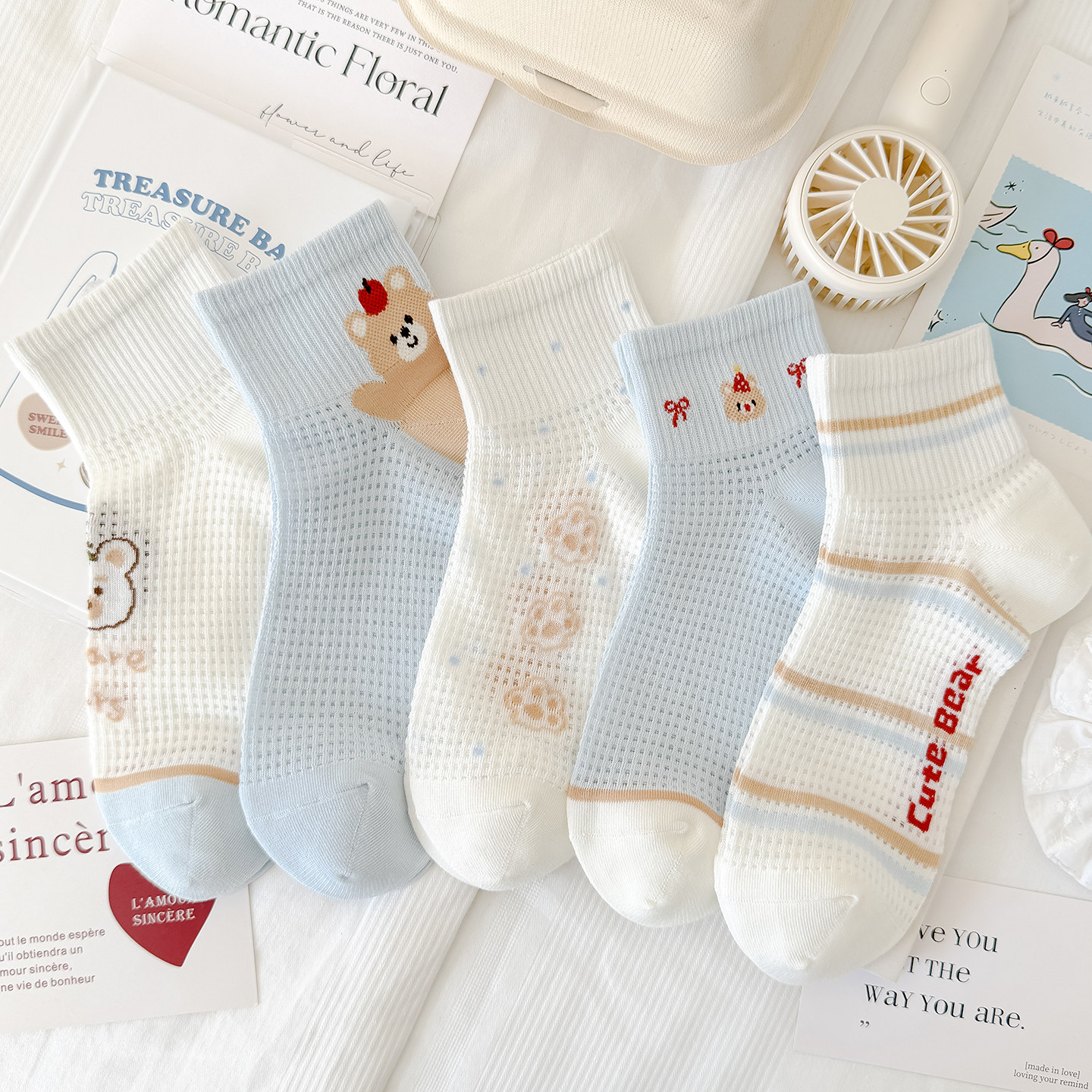 蓝白小熊全网眼袜子女夏薄款短袜可爱卡通棉袜透气运动风条纹圆点