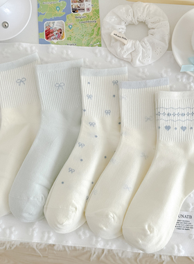 春秋新品蓝色蝴蝶结袜子女中筒袜精梳棉珍珠白运动风韩版秋季甜美