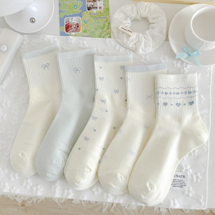 甜美 秋季 春秋新品 蓝色蝴蝶结袜子女中筒袜精梳棉珍珠白运动风韩版