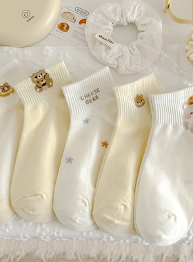 奶黄色小熊春秋袜子女短袜2025新款爆款精梳棉运动风秋季甜美可爱