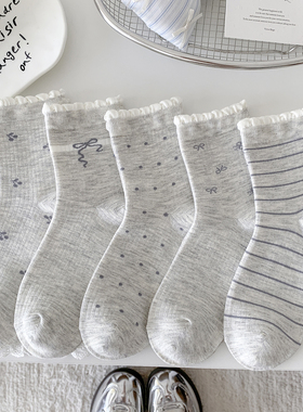 蝴蝶结花边灰色袜子女春秋中筒袜韩版精梳棉透气秋冬百搭新款爆款