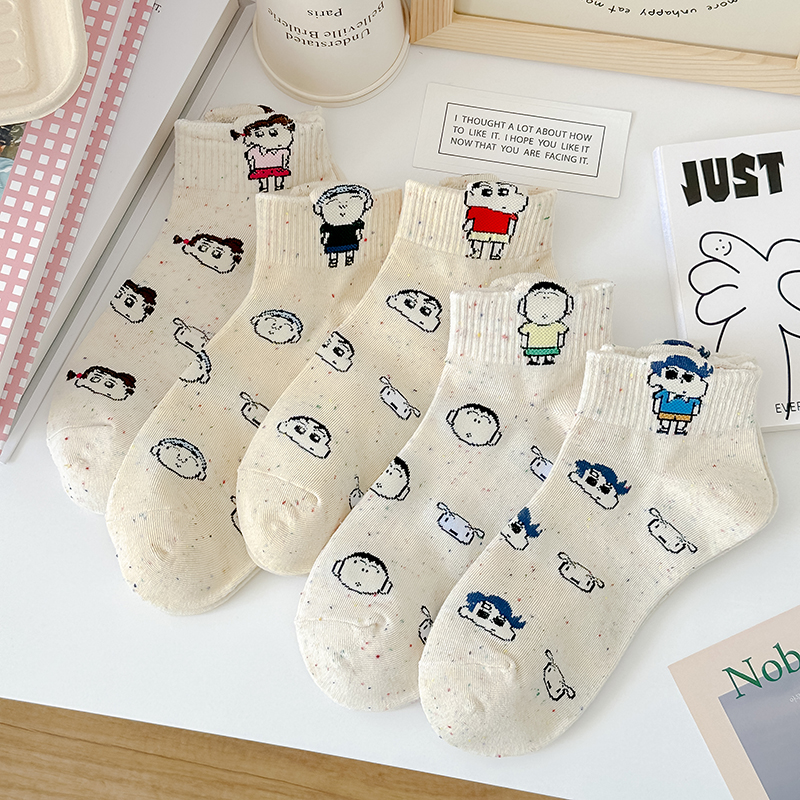 卡通动漫纯棉点纱短袜女春秋小新