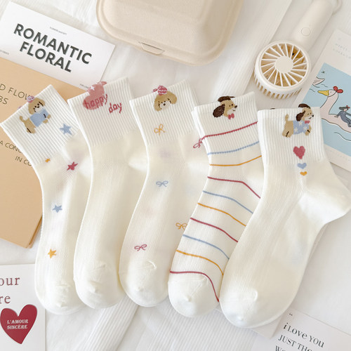 白色春夏网面卡通女中筒精梳棉袜