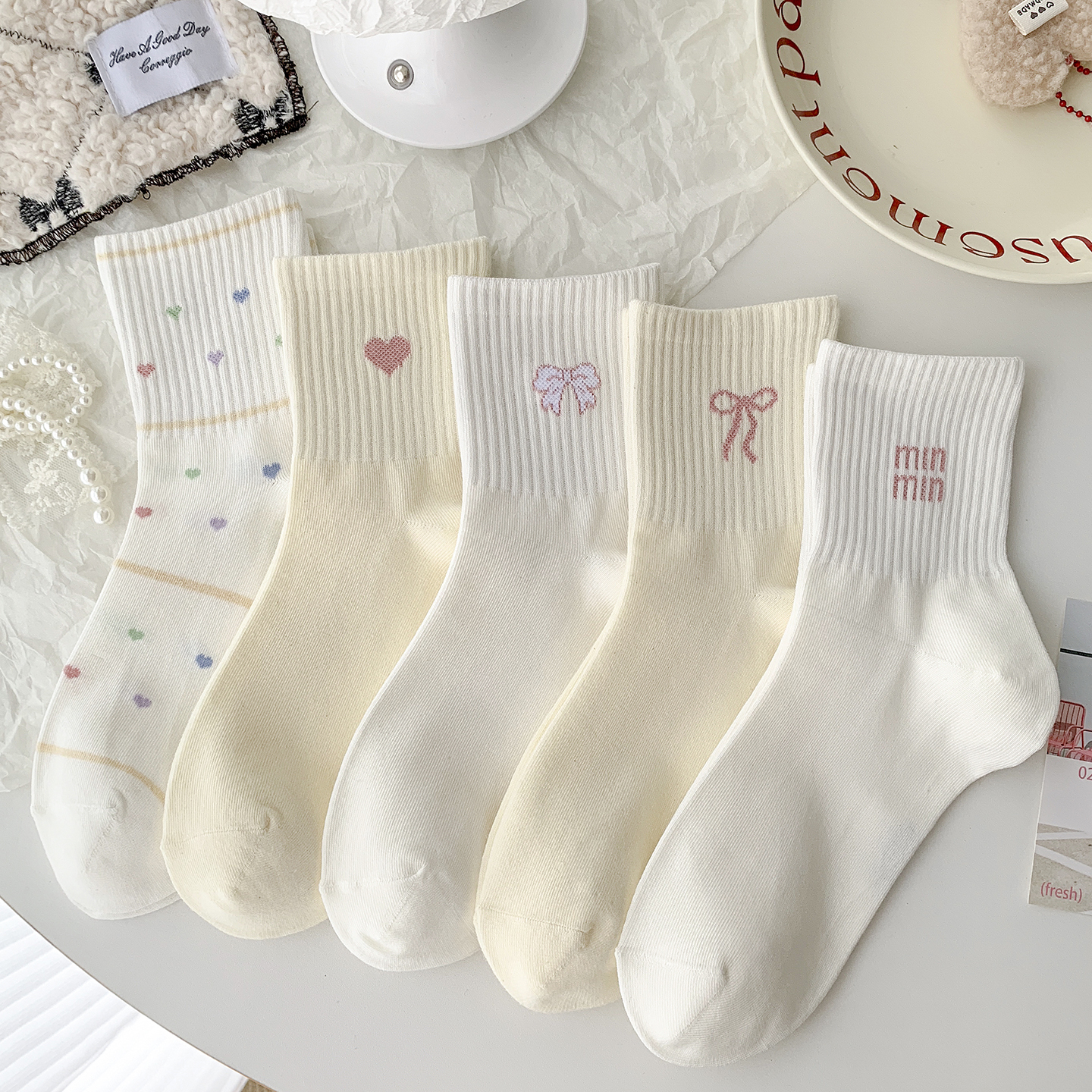 春秋奶黄色韩系袜子女纯棉中筒袜