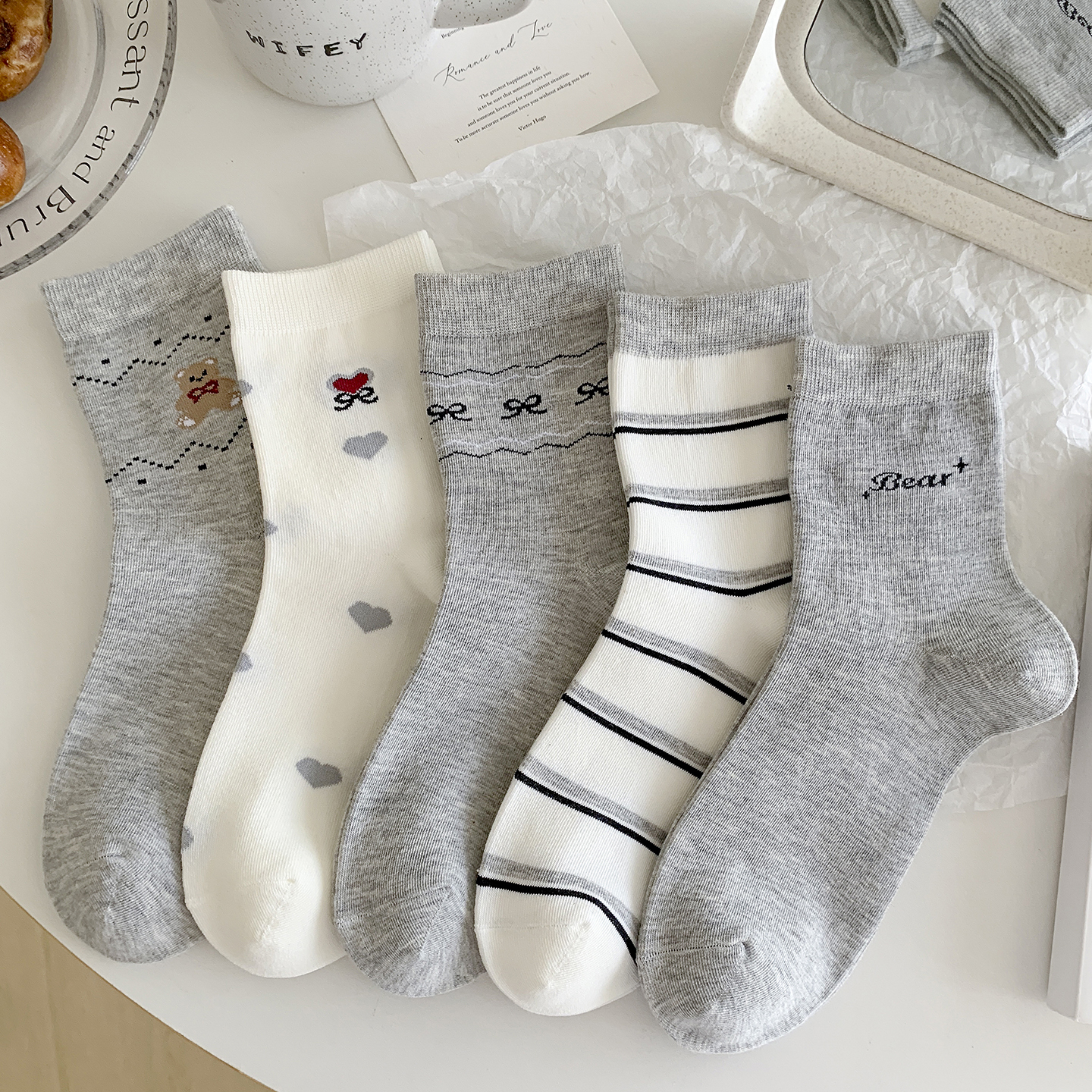 新款灰色小熊中筒袜蝴蝶结精梳棉