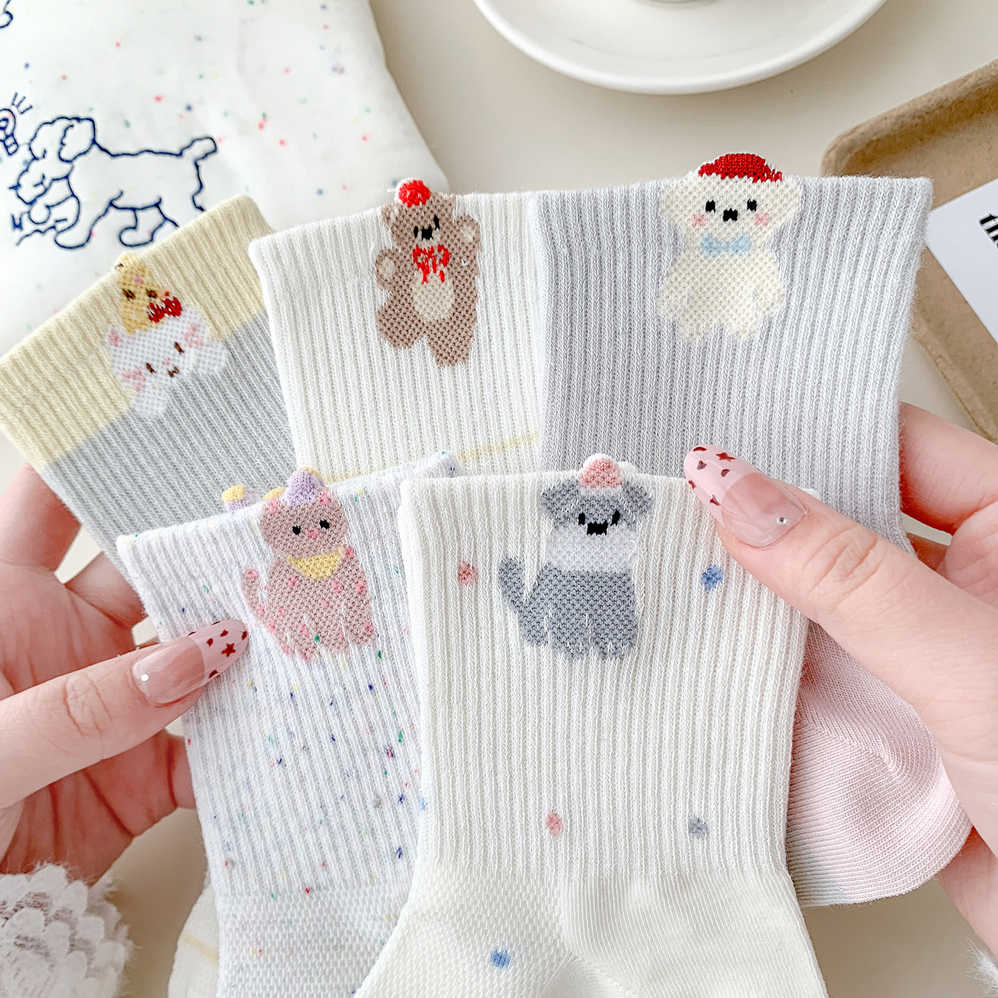 网面无骨彩灰袜子女中筒袜立体动物卡通精梳棉袜薄款透气春夏新款