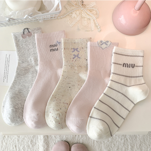 运动风粉色点纱条纹蝴蝶结 韩版 春秋袜子女中筒袜棉袜2026新款 爆款