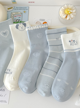 蓝色春秋新款袜子女中筒袜精梳棉透气韩版清新可爱日系卡通运动风