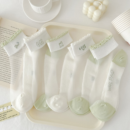 绿色花边水晶丝棉底短袜女夏薄款