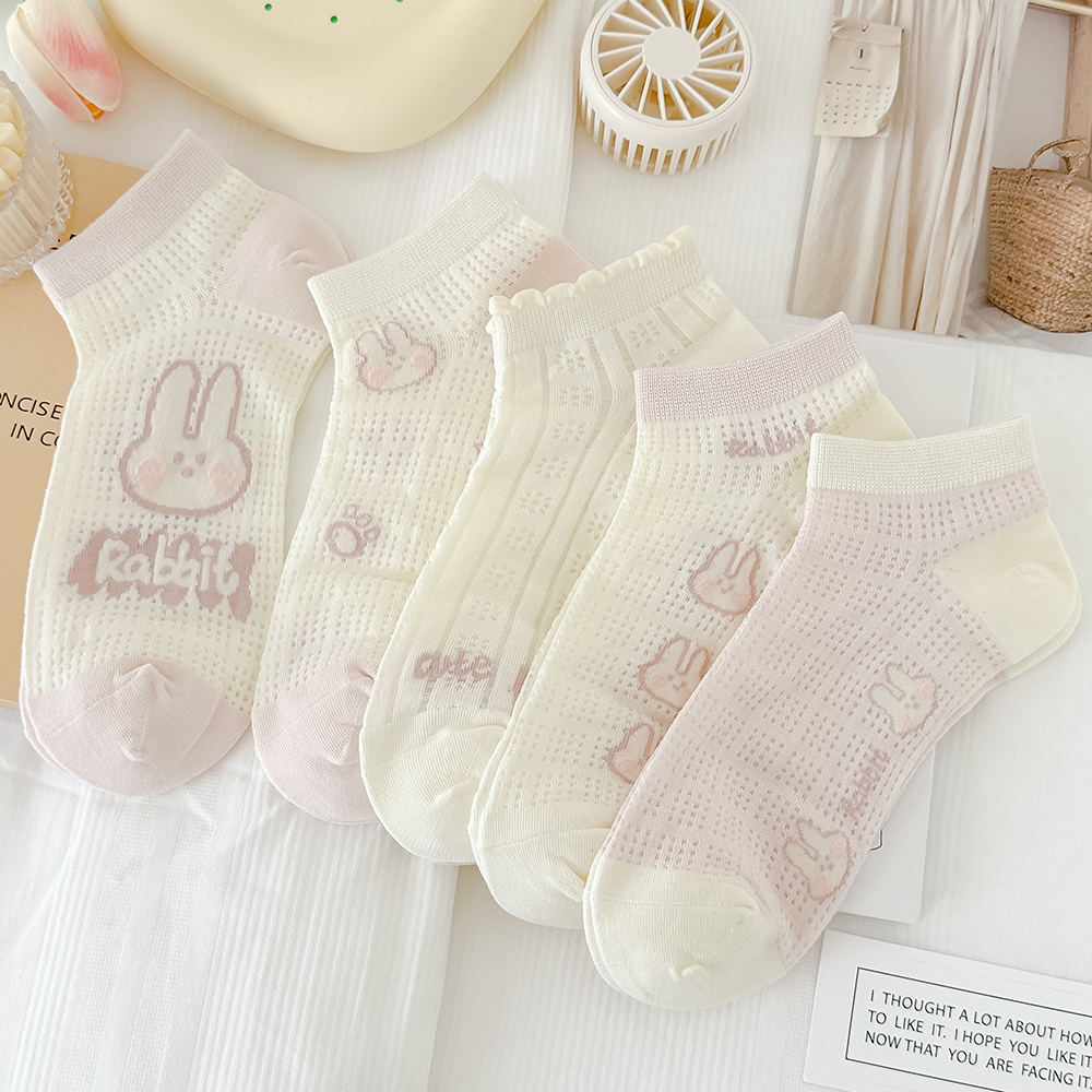 粉色袜子女船袜夏季薄款纯棉全网眼透气轻薄浅口卡通短袜甜美日系