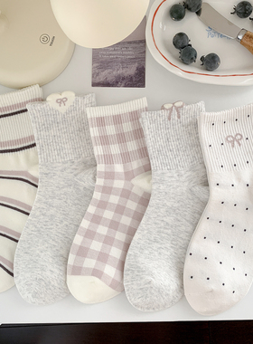 春秋粉色蝴蝶结袜子女灰色中筒袜纯棉秋季日系可爱少女运动风波点