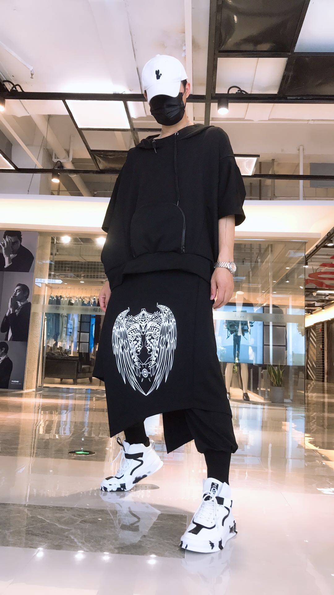国潮17ss男士假两件休闲裤原宿风嘻哈潮男哈伦裤小脚裤发型师裙裤