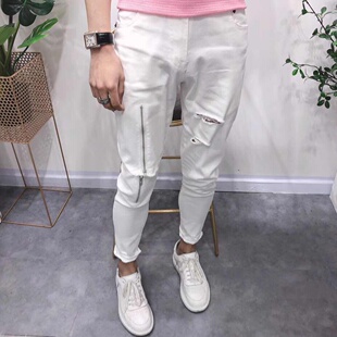 春夏季韩版白色破洞牛仔长裤子男弹力乞丐裤修身学生潮流明星同款