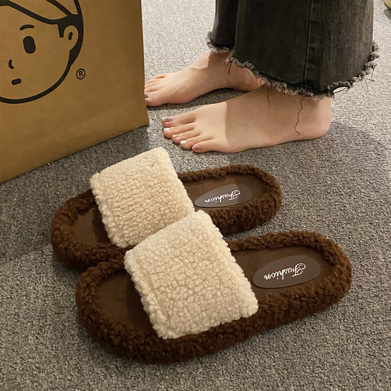 跨境毛毛拖鞋女外穿2025秋冬新款百搭时尚羊羔绒拖鞋休闲网红居家