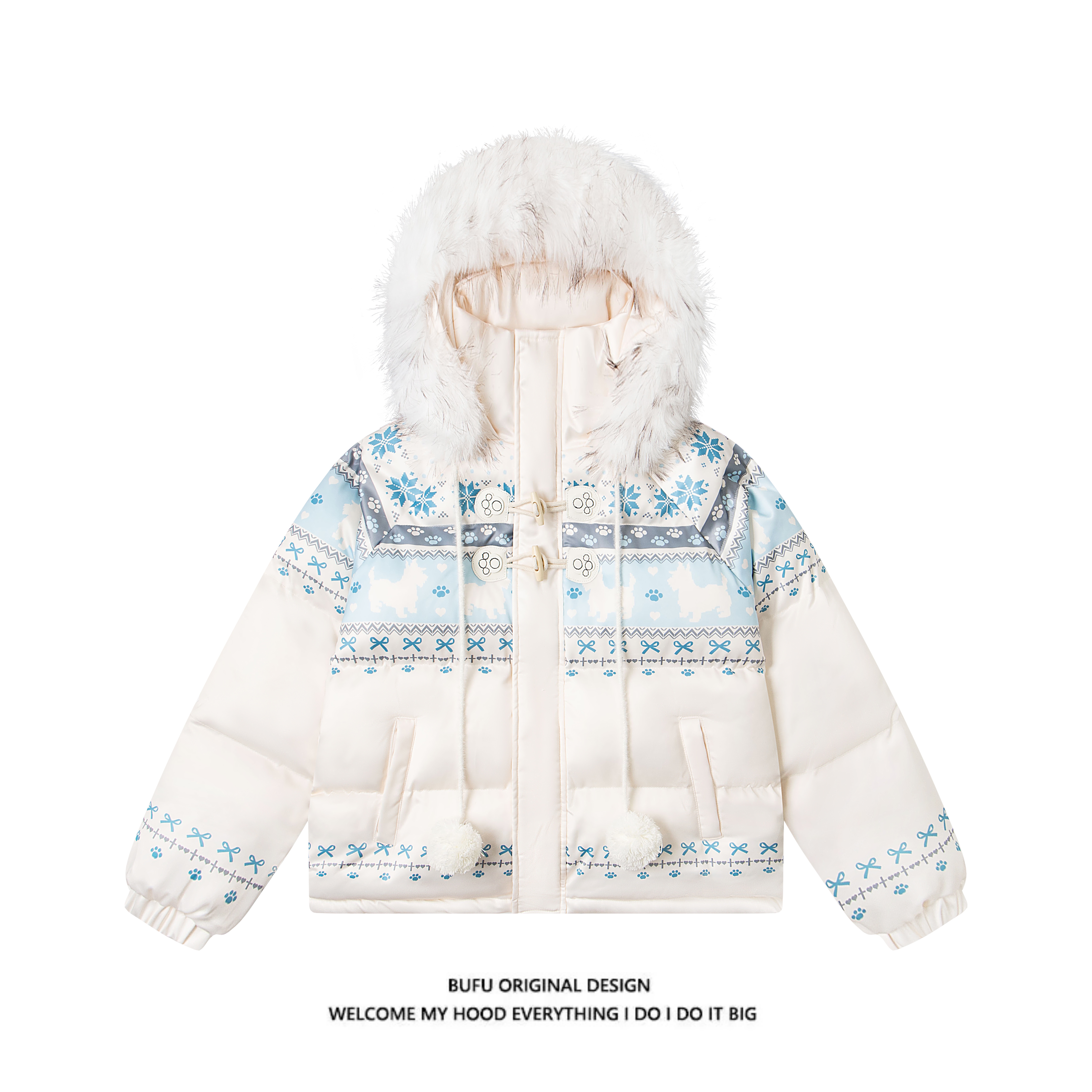 亿万少年BUFU原创费尔岛复古雪花兔子毛领连帽棉服外套女秋冬棉衣