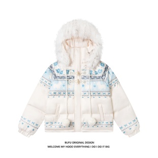亿万少年BUFU原创费尔岛复古雪花兔子毛领连帽棉服外套女秋冬棉衣