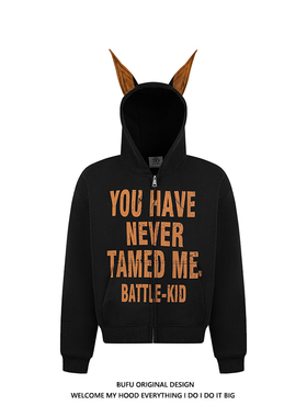 亿万少年BUFU美式斑驳字母杜宾小恶魔连帽衫拉链加绒卫衣外套男女