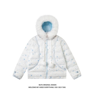 亿万少年BUFU原创设计冬季雪花图案排骨棉服男女撞色外套棉衣上衣