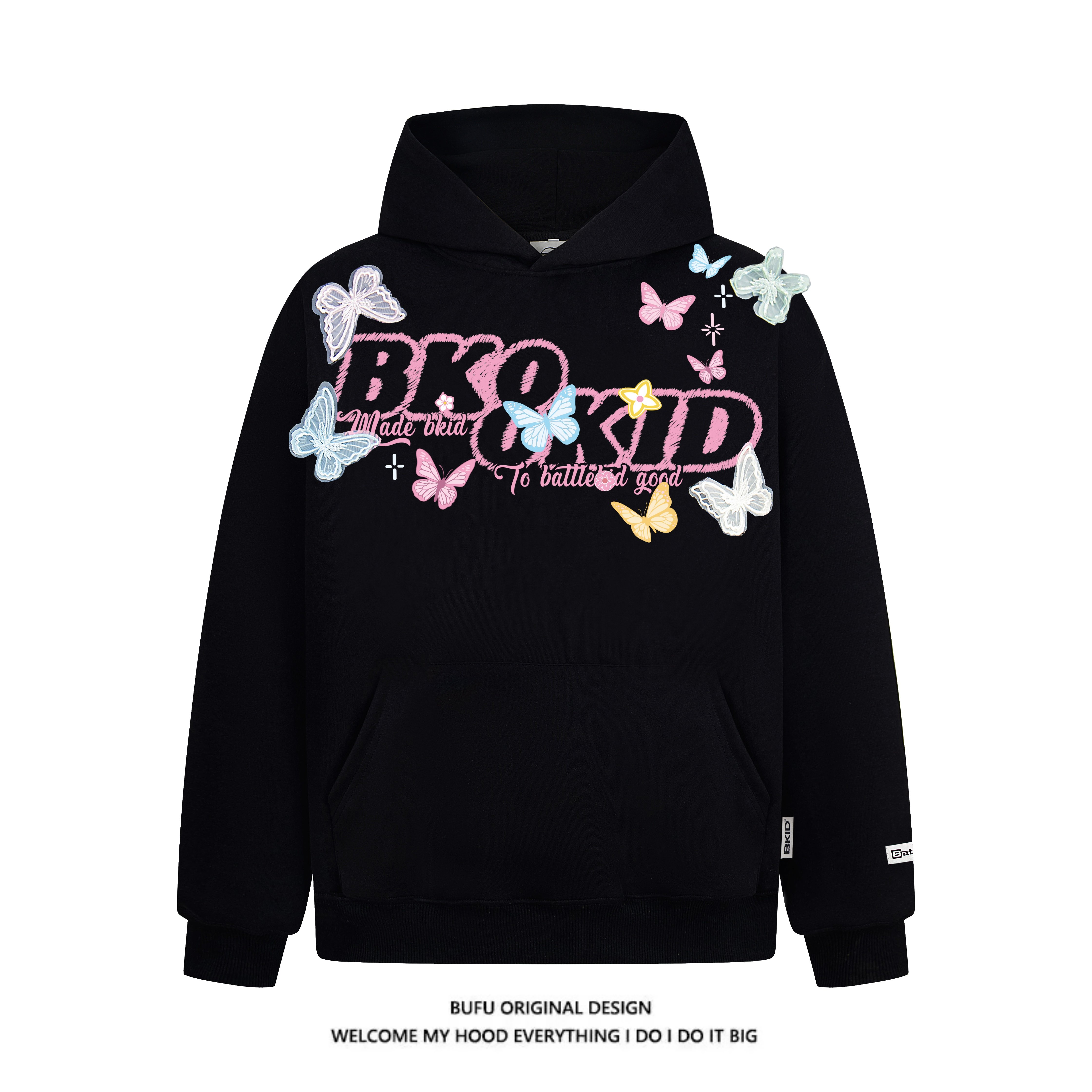手绘字母蝴蝶印花连帽卫衣情侣款
