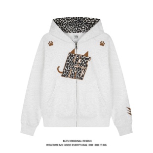 亿万少年BUFU美式复古豹纹小恶魔连帽卫衣男女加绒情侣款拉链外套