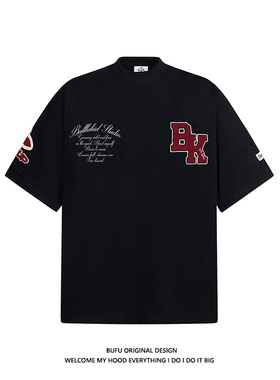 亿万少年BUFU国潮牌美式字母刺绣高街短袖T恤男女夏季情侣装半袖