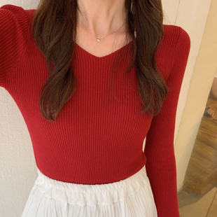 新款红色V领长袖针织衫女士春秋季韩版修身内搭打底衫t恤上衣冬装