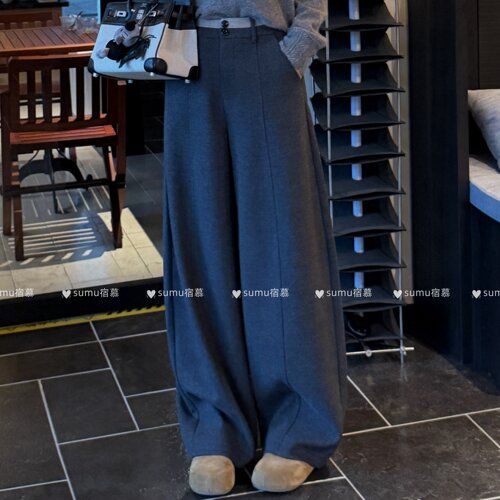 宿慕SUMU高端尼料西裤~立体裁剪高腰撞色拼接显瘦阔腿裤26669