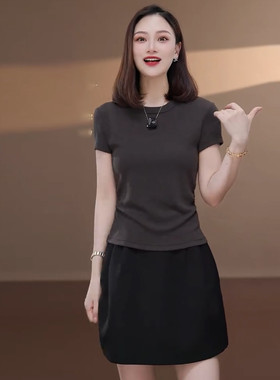 时尚短袖T恤女2026夏季新款洋气百搭显瘦简约设计感休闲圆领上衣
