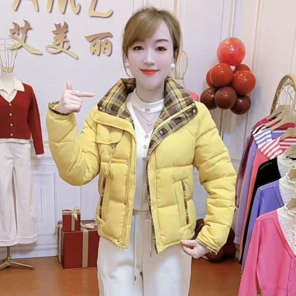 时尚格子纹拼接短款小个子棉服女冬季加厚保暖宽松显瘦棉衣外套潮